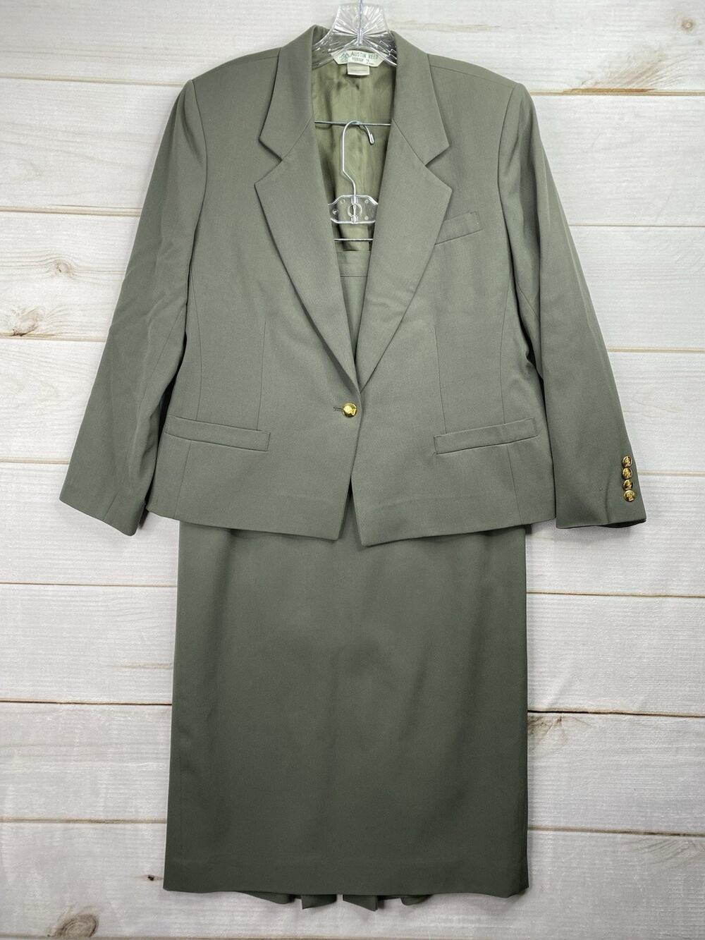 Vtg Austin Reed Worsted Wool Blazer & Skirt Womens 10 12 Green Gold Button USA